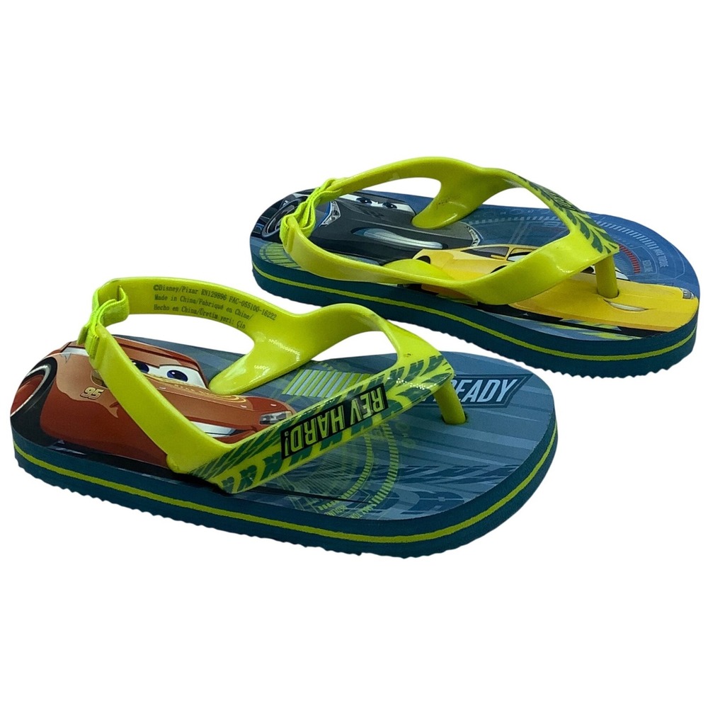 Disney‎ Pixar Cars Lightning McQueen Toddler Flip Flop Sandals Blue Yellow 7/8